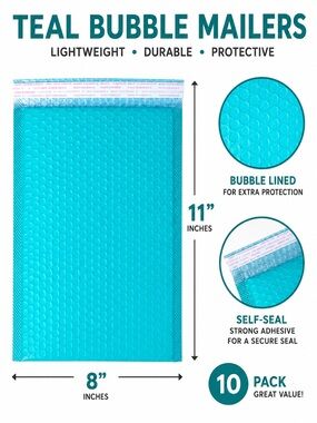 10 Teal Bubble Mailers 8 x 11 Padded Shipping Envelopes Self-Seal Cushioned